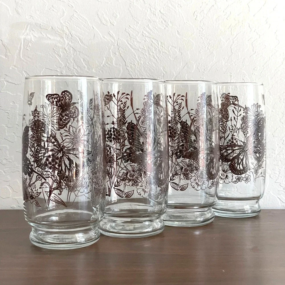Vintage Butterfly Glassware Set (4) 70s 60s Brown Glasses Floral‎